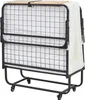 A folded metal folding bed with a mattress, on wheels. Produktbild-Vorschau