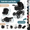 A collage of images showing a black KESSER® Loops Kinderwagen 4 in 1 Kombikinderwagen, its accessories, and dimensions. The background is mostly white with some light gray elements. Produktbild-Vorschau