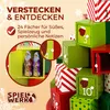 A close-up marketing image of a stack of colorful wooden advent calendar boxes, with some boxes open to reveal chocolate Santa figures. Text overlays describe the product's features. Produktbild-Vorschau