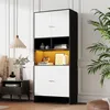 A modern display cabinet with doors and open shelves, featuring integrated LED lighting, set against a white paneled wall. Produktbild-Vorschau