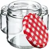 Several empty glass jars are arranged with a red and white checkered lid in the foreground. Anteprima dell’immagine prodotto