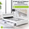 A white bed frame with drawers, showing its wooden slatted base and featuring marketing text and graphics. Produktbild-Vorschau