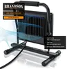 A black LED work light with a stand is shown, with blue wavy lines indicating airflow and heat dissipation. Náhľad obrázku produktu