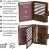 A brown leather wallet with a passport and credit cards displayed. Produktbild-Vorschau