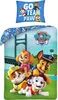 A Paw Patrol themed duvet cover and pillowcase set with cartoon dogs on a bridge background. Produktbild-Vorschau