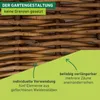 A close-up of a woven willow fence with green overlay text highlighting product features. Produktbild-Vorschau