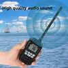 A hand holding a black Retevis RM01 marine walkie-talkie with a blue overlay of sound waves, set against a backdrop of the ocean and sailboats. Voir les images du produit
