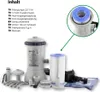 A collection of pool filter components and accessories, including a filter pump, filter cartridge, hoses, and connectors, laid out on a white background. An inset image shows a close-up of the filter cartridge. Produktbild-Vorschau