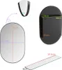 Diagrams showing the dimensions of an oval mirror and a glass shelf, along with a detail of a strap and a side view of a cabinet. Podgląd zdjęcia produktu
