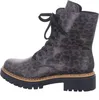 A side view of a single grey leopard-print boot with black laces and a thick black sole. Voir les images du produit