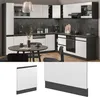 A modern kitchen with white and anthracite cabinets, a dark countertop, and a round dining table with chairs. Anteprima dell’immagine prodotto