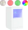 A white bedside cabinet with LED lighting is shown against a white background. Four circular insets at the top show different color options for the LED lights. Produktbild-Vorschau
