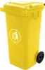 A yellow trash can with a recycling symbol on a white background. Produktbild-Vorschau