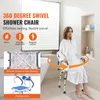 A woman is sitting on a swivel shower chair in a bathroom. The image also includes close-ups of the chair's features and text highlighting its benefits. Podgląd zdjęcia produktu
