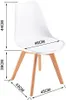 A white chair with wooden legs, showing dimensions. Produktbild-Vorschau