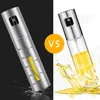 A split image collage showing two different oil spray bottles. The left side shows a silver oil spray bottle against a black background, with a broken glass effect at the bottom. The right side shows a clear oil spray bottle filled with yellow oil, with oi Produktbild-Vorschau