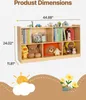 A wooden bookshelf filled with toys and books, with product dimensions indicated by lines and numbers. Anteprima dell’immagine prodotto