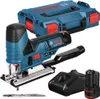 A Bosch jigsaw, battery, charger, and case are displayed against a white background. Produktbild-Vorschau