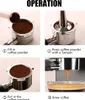 A four-panel instructional image showing the steps to make coffee using a portafilter and espresso machine. Podgląd zdjęcia produktu