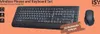 A marketing image showing a wireless mouse and keyboard set against an orange background. Produktbild-Vorschau