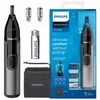 A product shot of a Philips nose trimmer and its packaging, along with accessories. Voir les images du produit