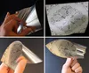 A collage of four images showing a person's hand interacting with a flexible, patterned material, likely a sticker or film. Produktbild-Vorschau