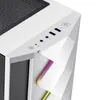 A close-up view of the top panel of a white gaming PC, showing various ports and buttons, with colorful LED lighting visible on the front panel. Produktbild-Vorschau