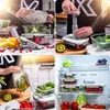 Collage of images showing glass vacuum containers with food and being stored in a refrigerator. Anteprima dell’immagine prodotto