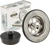 A product shot of a sink drain valve and stopper, with packaging in the background. Produktbild-Vorschau
