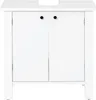 A white bathroom vanity cabinet with two doors and two black handles. Produktbild-Vorschau