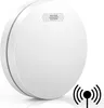 A white, circular smoke detector with a mesh grille on top, shown at an angle against a white background. A black icon representing wireless connectivity is in the lower right corner. Produktbild-Vorschau