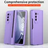 A purple phone case for a foldable phone, shown in two configurations and with a stylus. Produktbild-Vorschau