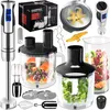 A collage of an immersion blender set with various attachments and ingredients. Produktbild-Vorschau