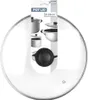 A clear glass pot lid with a silver rim and a black handle, presented on a white background with packaging information and product images on the right side. Produktbild-Vorschau