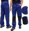 Multiple views of a pair of blue work pants with black knee patches and cargo pockets. Produktbild-Vorschau
