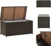 A poly rattan garden box with its lid open, showing the interior. The box is dark brown and has a woven texture. There are also smaller images of the box closed and from different angles. Náhled obrázku produktu