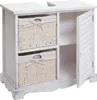 A white wooden bathroom vanity with two woven baskets and a cabinet with a louvered door. Náhľad obrázku produktu