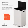 A white dual-compartment trash can with its lids open, presented with marketing text and a logo. Produktbild-Vorschau