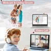 A split image showing two scenes: the top half depicts children playing in the ocean with a laptop displaying a live stream, and the bottom half shows a child wearing headphones in front of a laptop during a video call. Produktbild-Vorschau