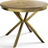 A round dining table with a wooden top and gold metal legs, isolated on a white background.