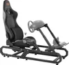 A black racing simulator seat with a steering wheel and pedal assembly stand, displayed on a white background. Anteprima dell’immagine prodotto
