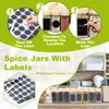 An infographic showing how to use spice jar labels, with a background image of spice jars on a shelf. Produktbild-Vorschau