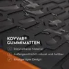 A close-up of a black rubber car mat with water droplets on it, featuring text overlays. Produktbild-Vorschau