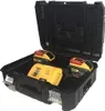 A black storage case with the lid open, containing three DeWALT brand batteries. Produktbild-Vorschau