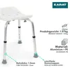 A white shower stool with aluminum legs, shown on a white background with text overlays describing its features and specifications. Podgląd zdjęcia produktu