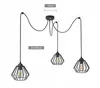 A black spider pendant light with three diamond-shaped wire cages, each with a visible Edison-style bulb, suspended from a central ceiling mount by black cords. Produktbild-Vorschau