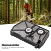 A person is using a chainsaw in a forest, with a product image of a chainsaw air filter in the foreground. Voir les images du produit