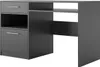A dark gray desk with drawers and shelves against a white background.