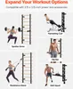 A collage of images showing different workout accessories for a power rack, with people demonstrating their use. Produktbild-Vorschau