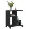 A black side table with shelves and wheels, decorated with a vase of flowers and other decorative items. Podgląd zdjęcia produktu